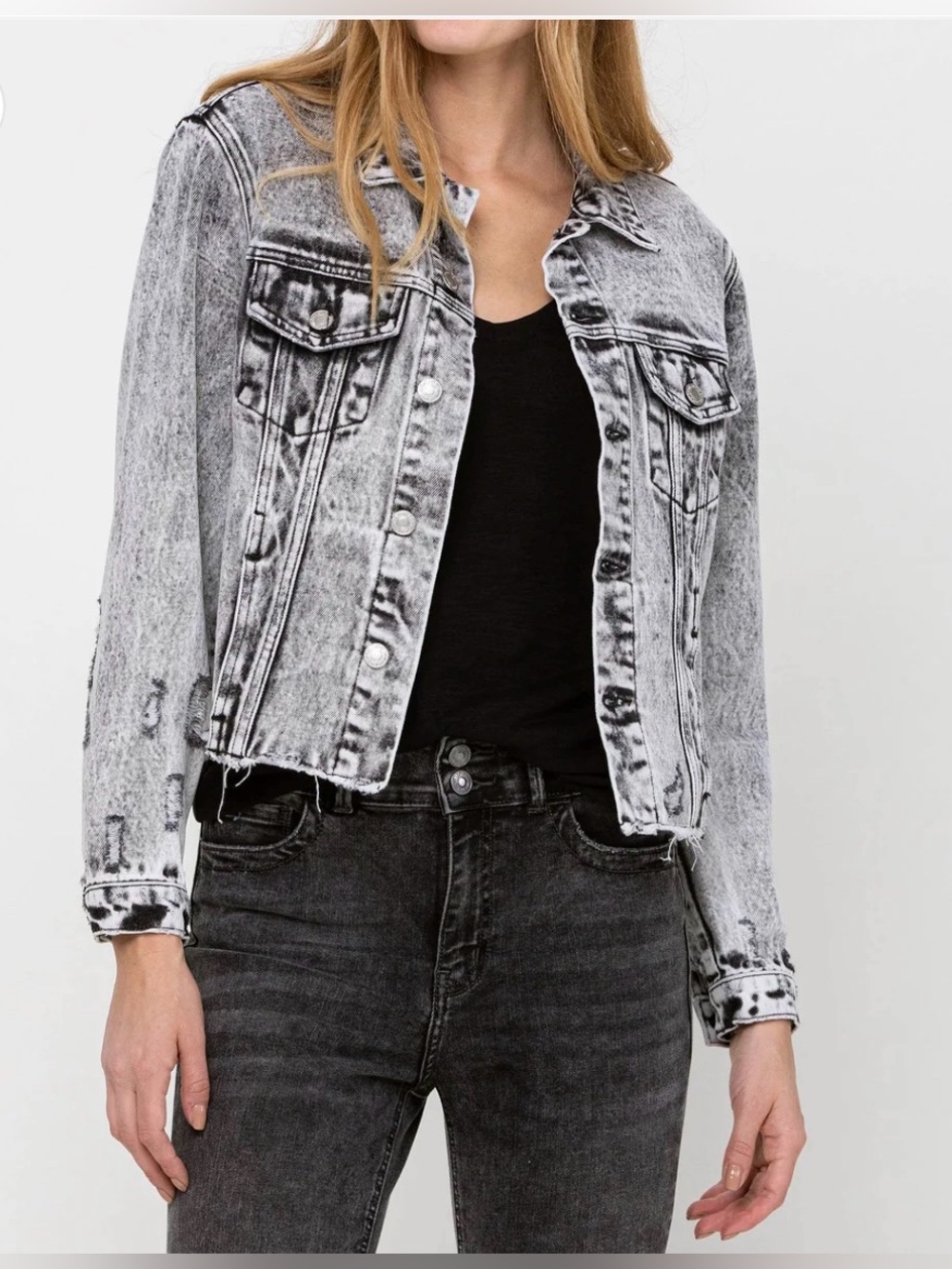 Vervet Black Acid Washed Denim Semi Cropped Jean Jacket Distressed Small